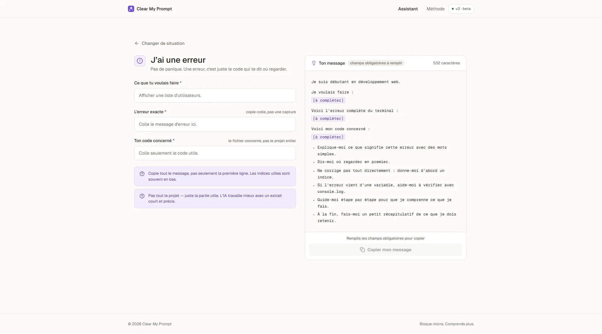 Formulaire J'ai une erreur — trois champs guidés à gauche, preview du message généré à droite avec bouton Copier mon message