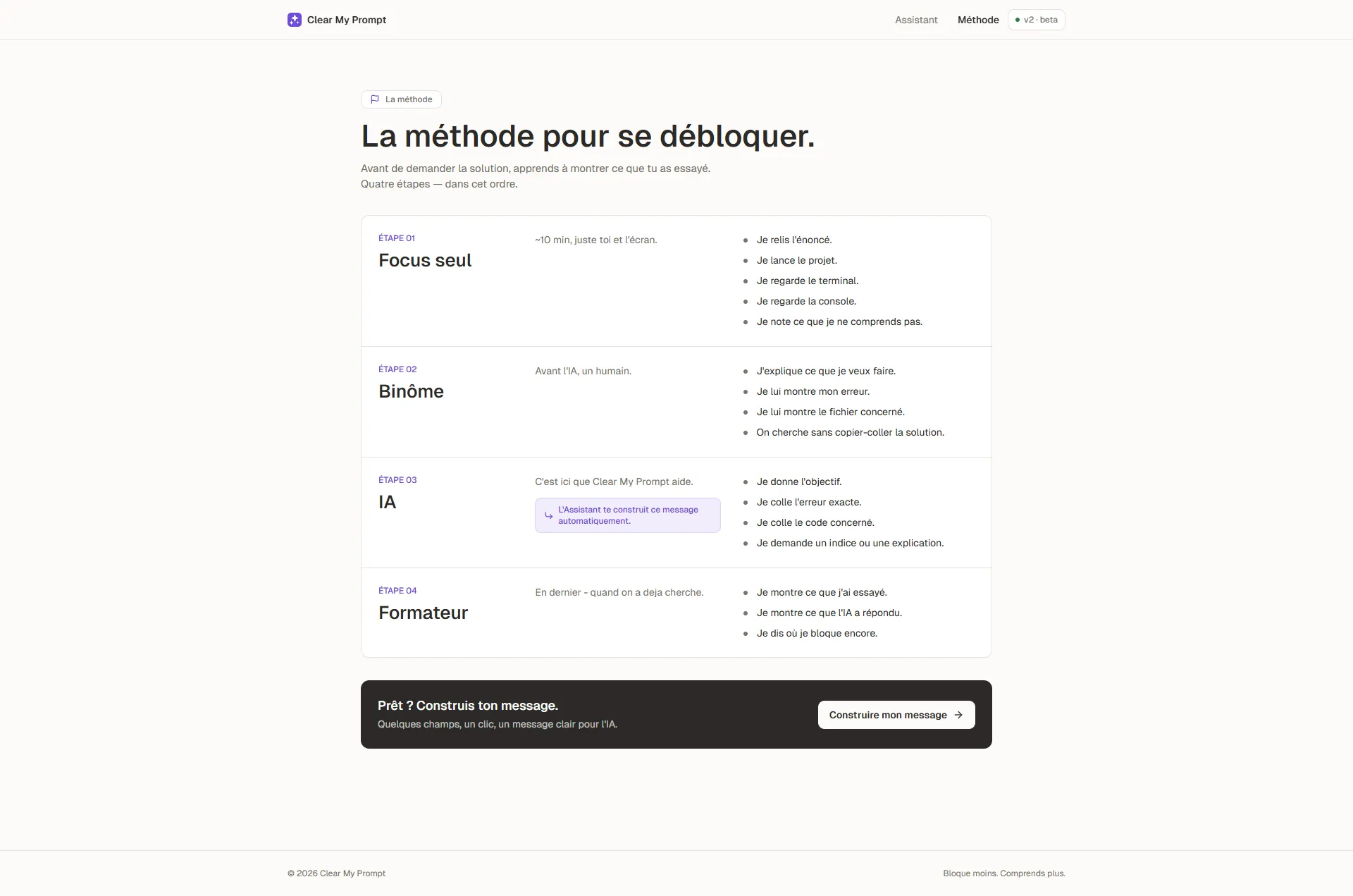 Page méthode — quatre étapes numérotées : Focus seul, Binôme, IA, Formateur, avec les gestes concrets de chaque étape