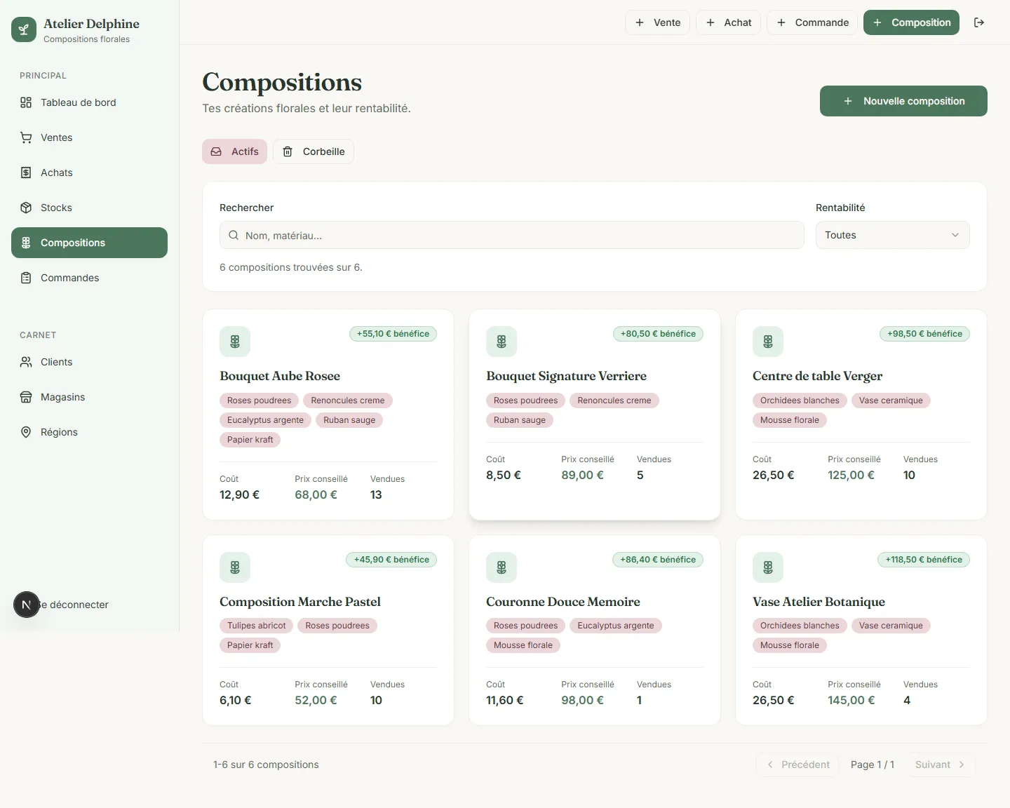 Page compositions — coût, prix conseillé, bénéfice et ventes par création florale