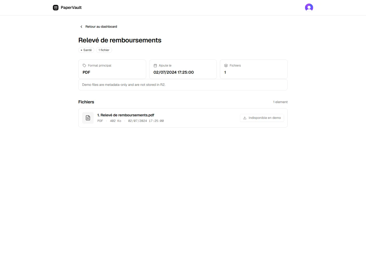 Page détail d'un document — métadonnées format, date, dossier et section fichiers associés avec taille et téléchargement