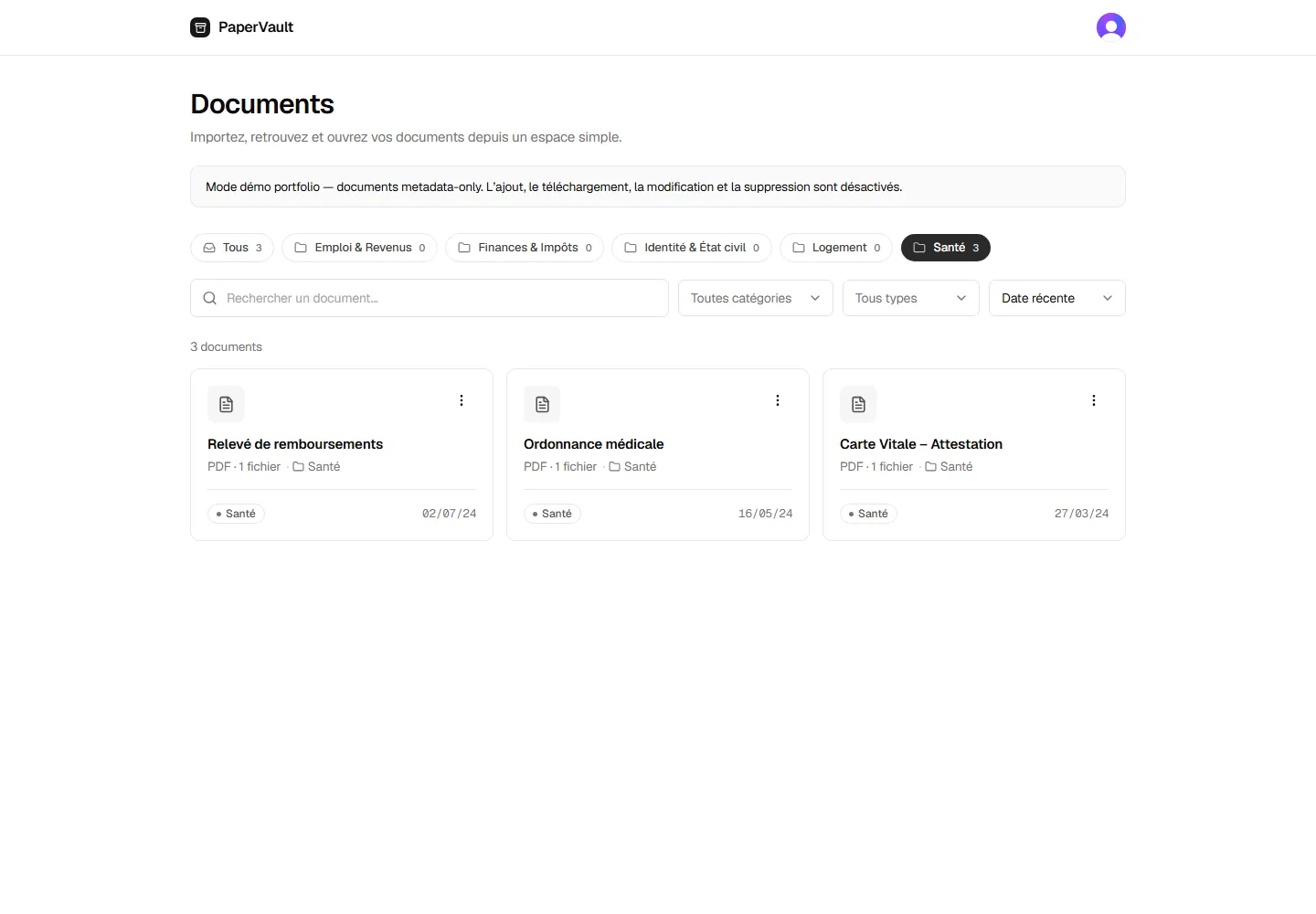 Dashboard filtré sur le dossier Santé — Carte Vitale, ordonnance médicale, relevé de remboursements