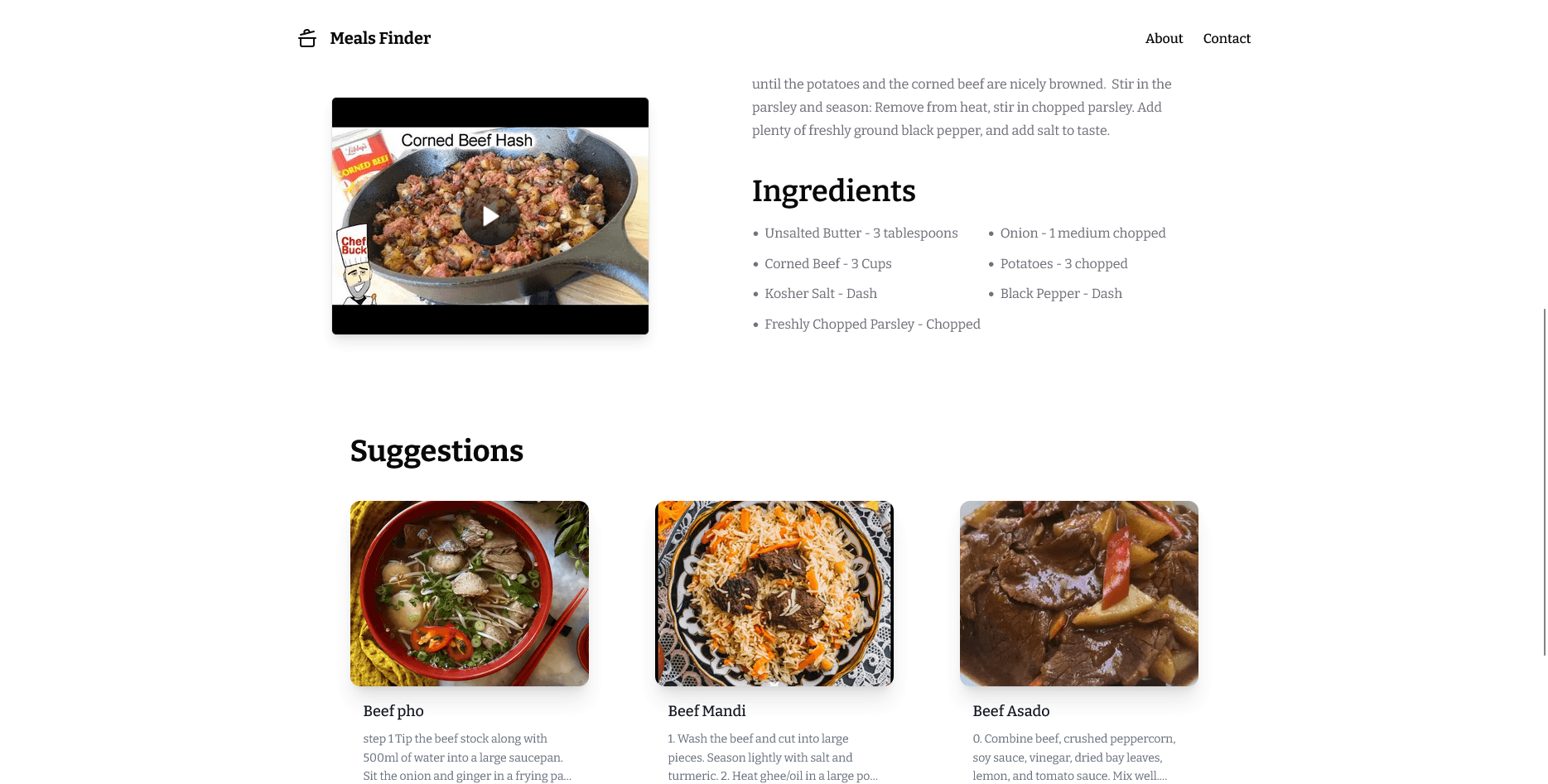 Page de recette affichant la vidéo, la liste des ingrédients et des suggestions de plats similaires.