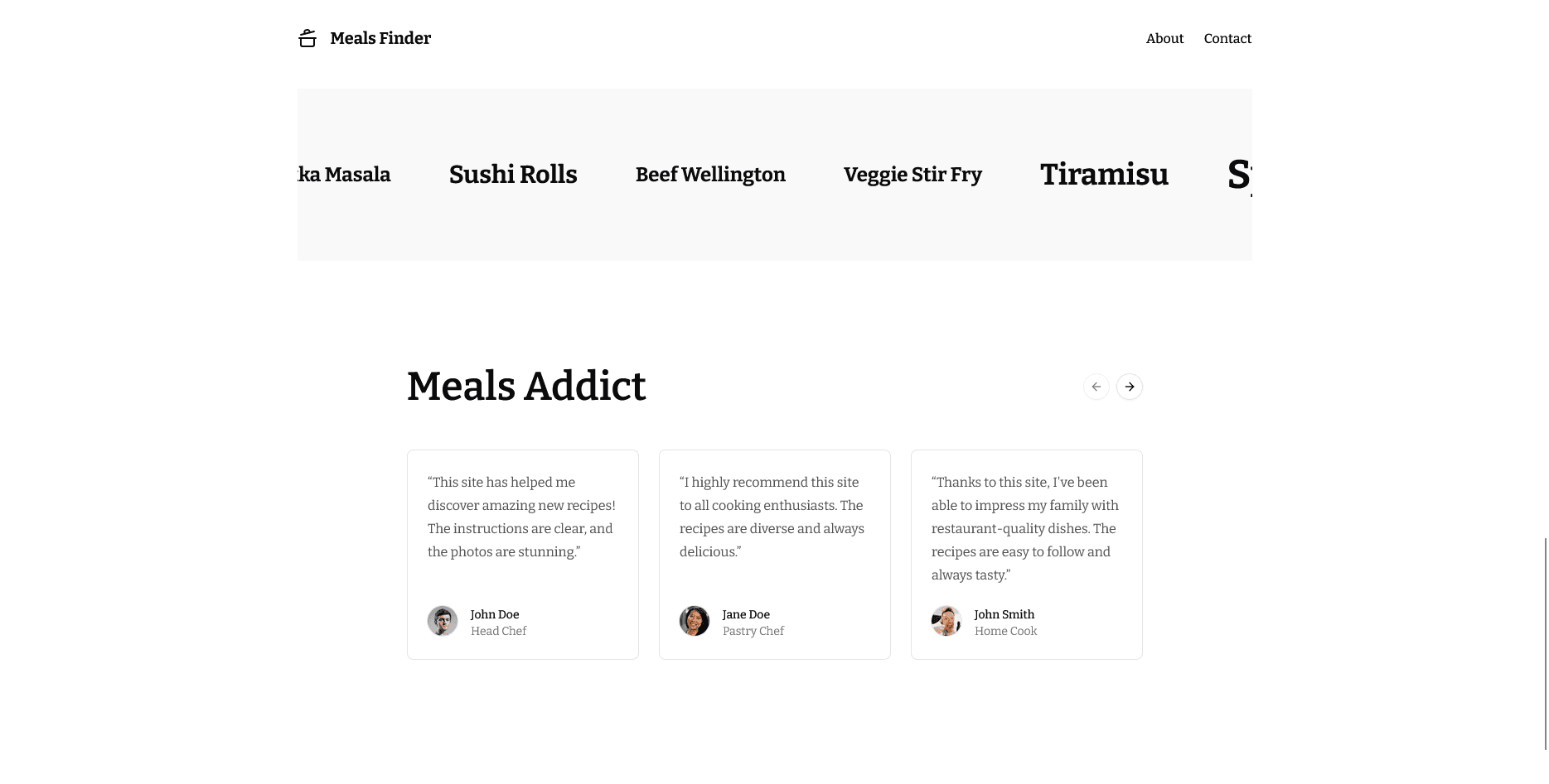Section avec un défilement horizontal de plats suivie de la zone ‘Meals Addict’ affichant des témoignages utilisateurs.
