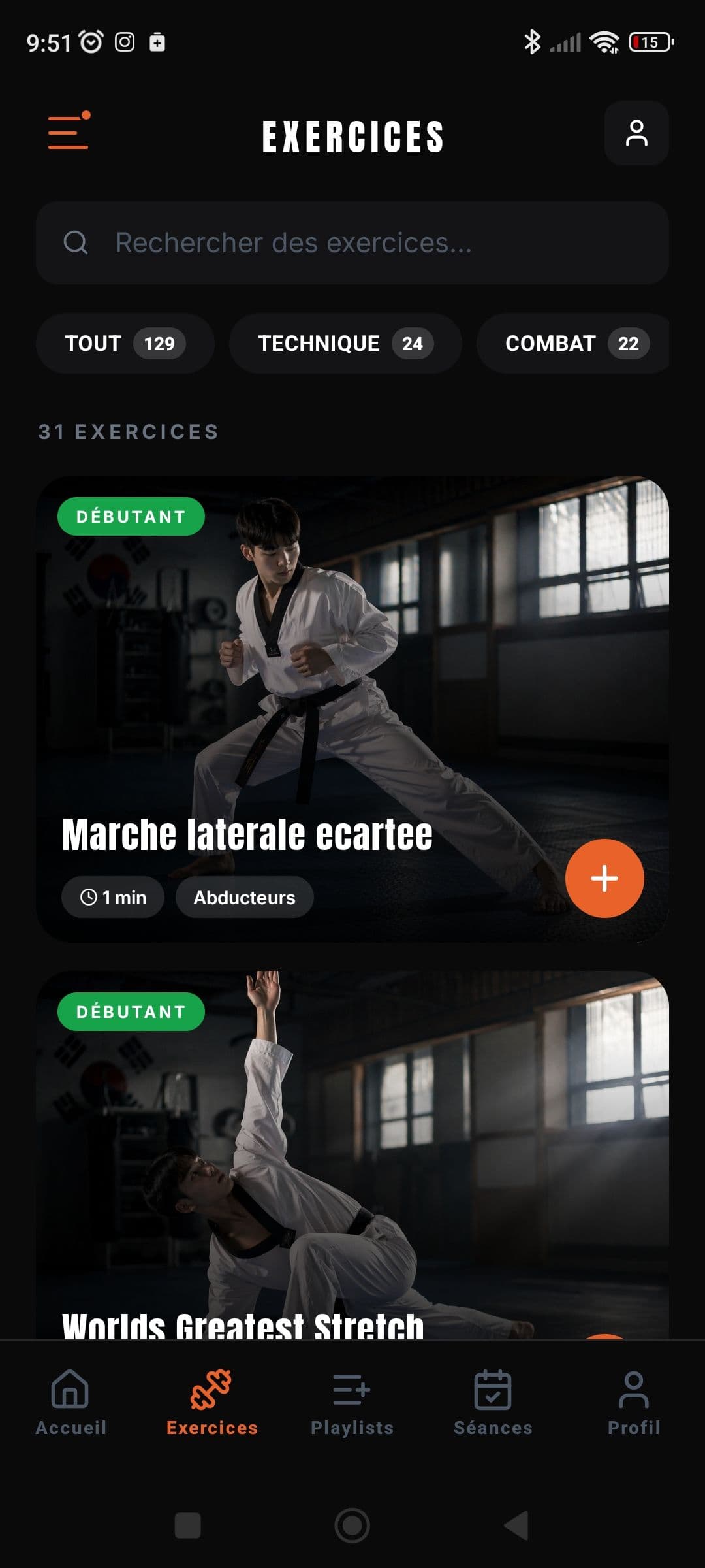 Liste d'exercices TKD Strike avec filtres par catégorie