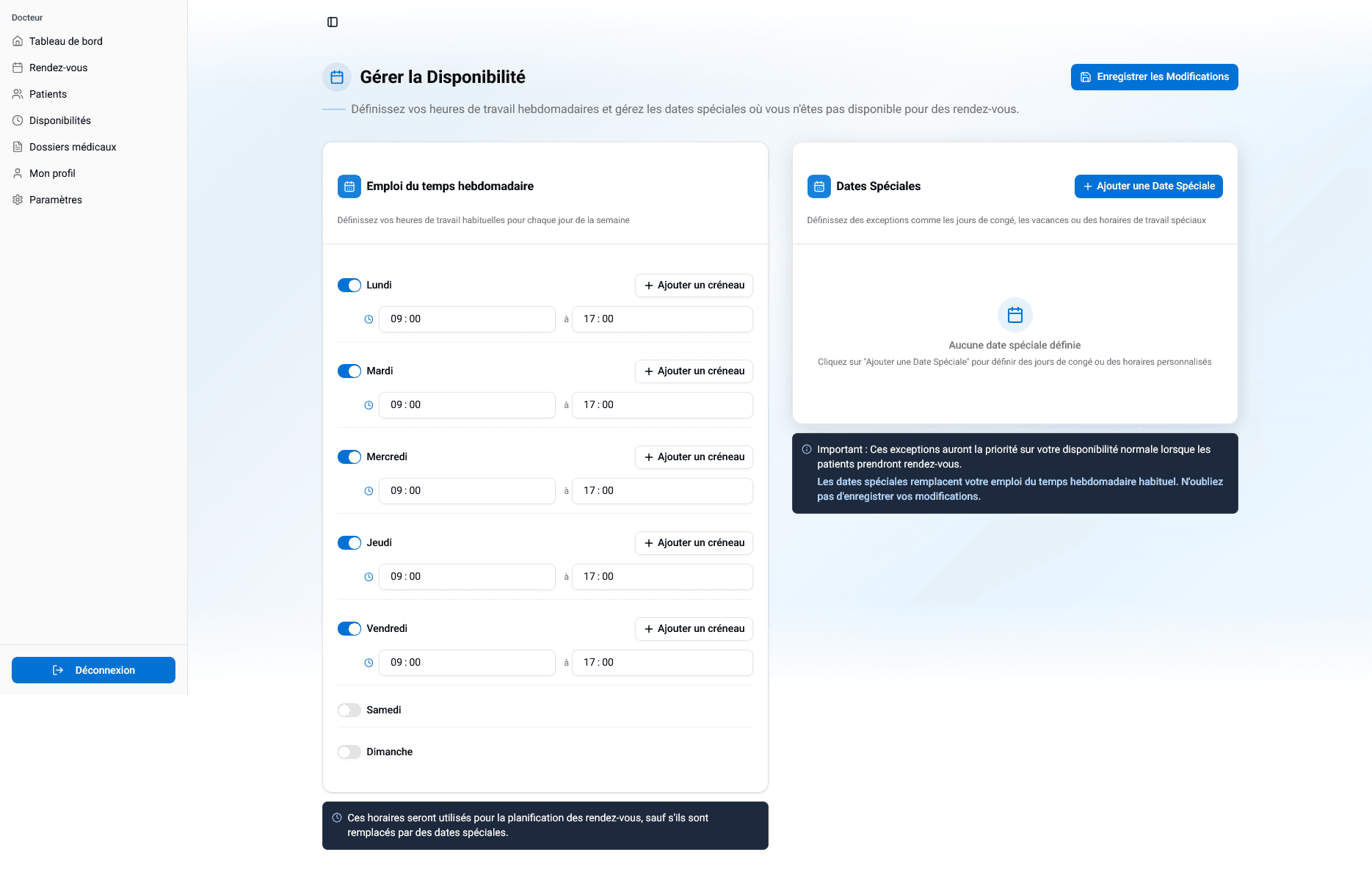 Interface permettant au médecin de configurer et modifier ses disponibilités par jour.