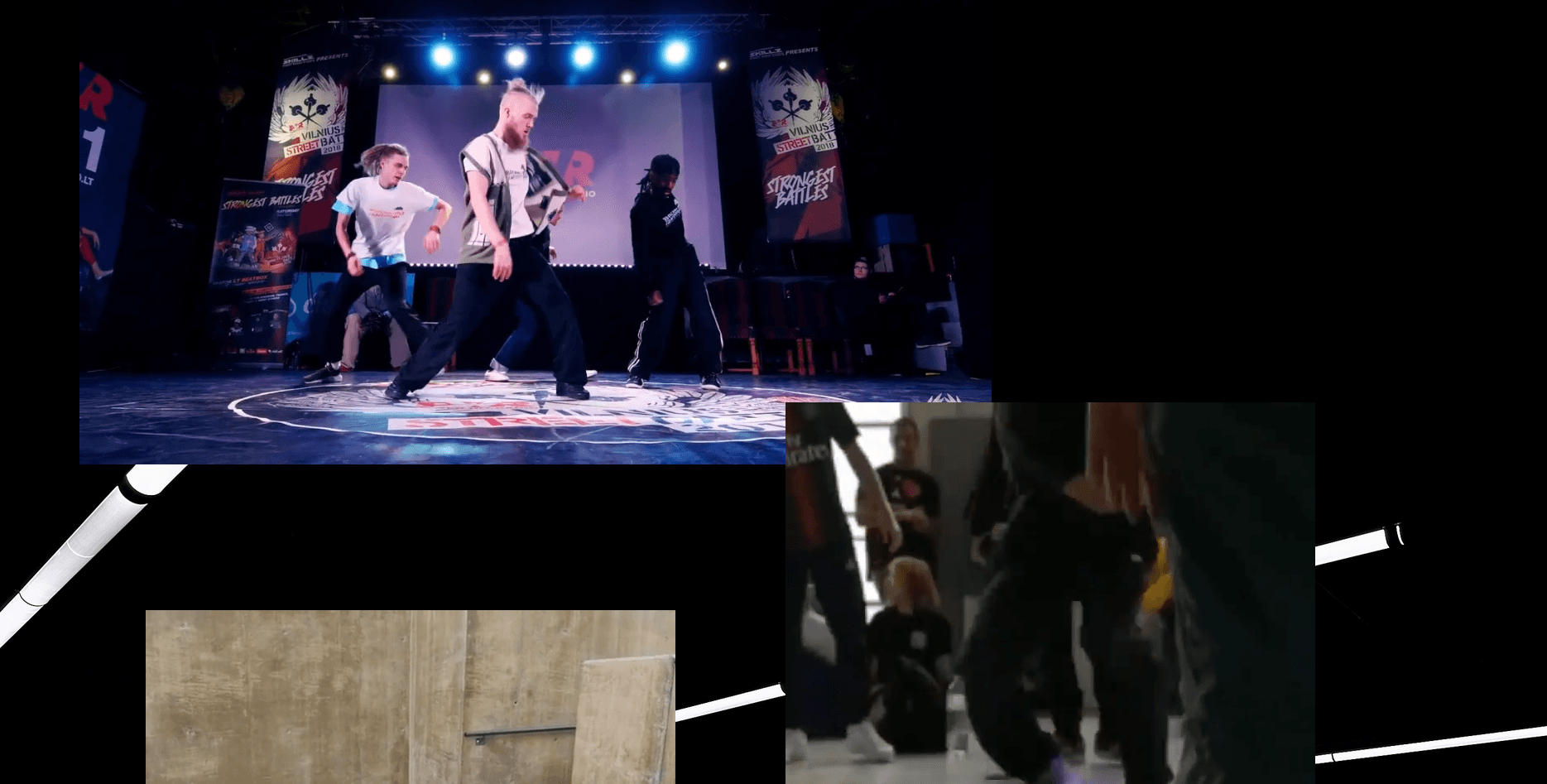 "Mosaïque d’images montrant différentes scènes de danse : performance sur scène lors d’un battle, gros plan sur des mouvements de jambes, et textures urbaines en arrière-plan."