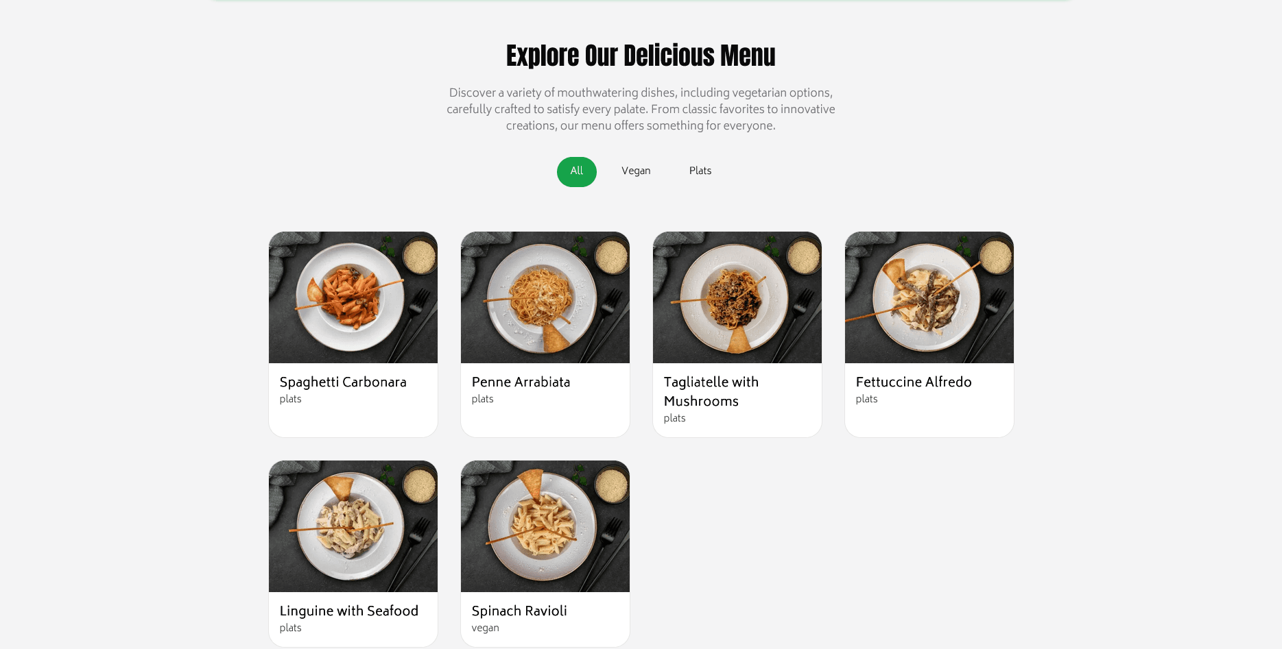 Section menu du site Pedro Pasta affichant une sélection de plats italiens avec images, noms et prix.