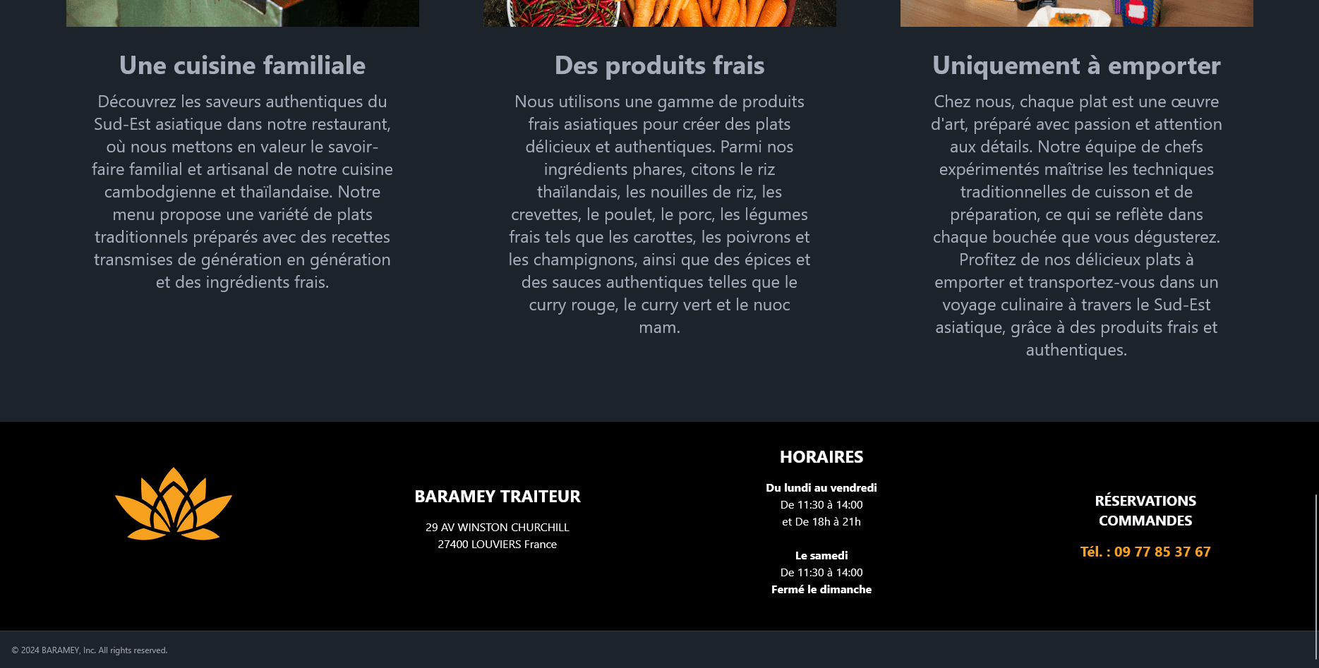 "Section d’informations du traiteur Baramey avec trois encarts descriptifs et un pied de page comprenant adresse, horaires et numéro pour les réservations."