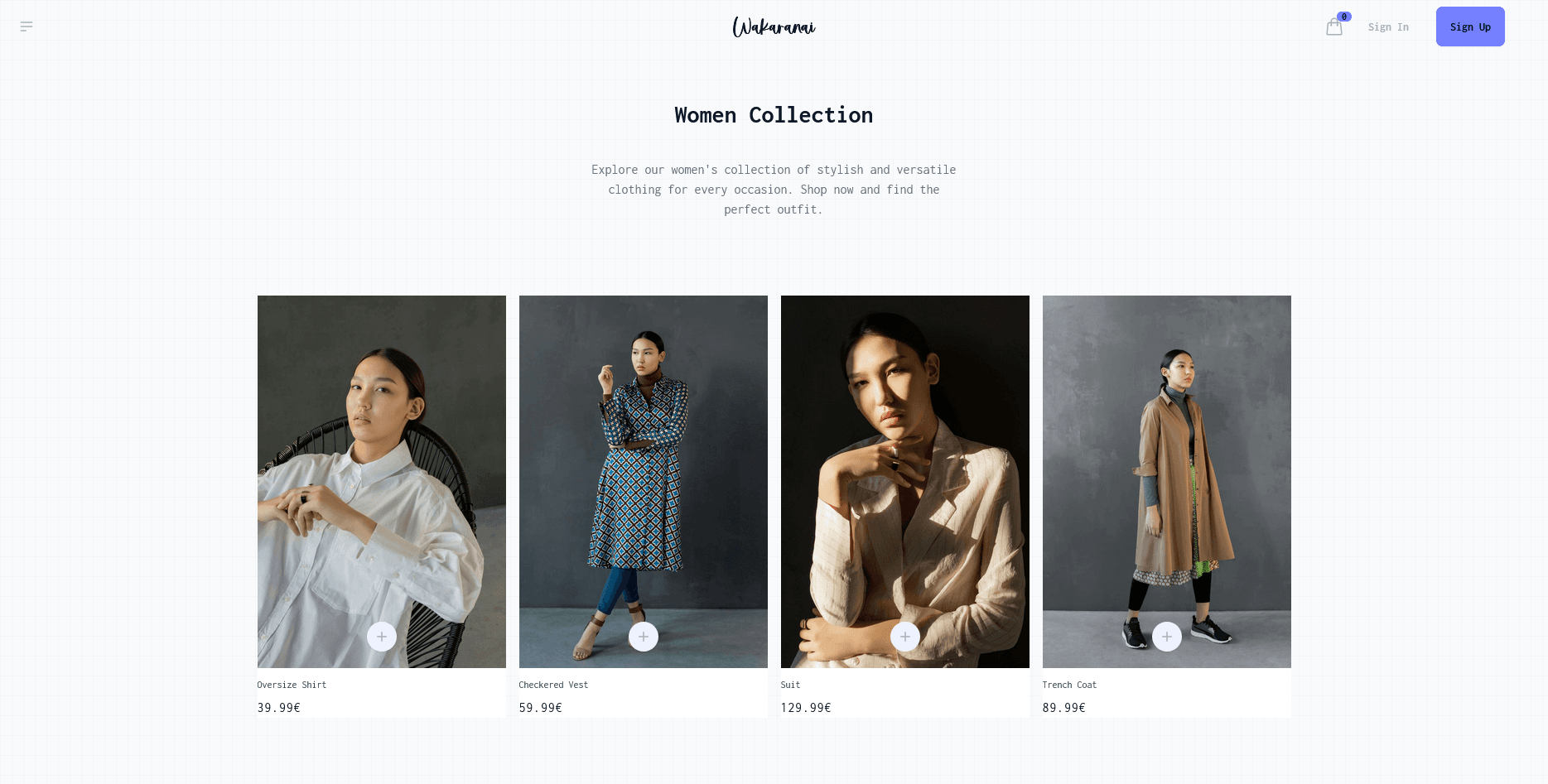 Page collection femme de Wakaranai affichant une grille de produits avec photos, noms et prix