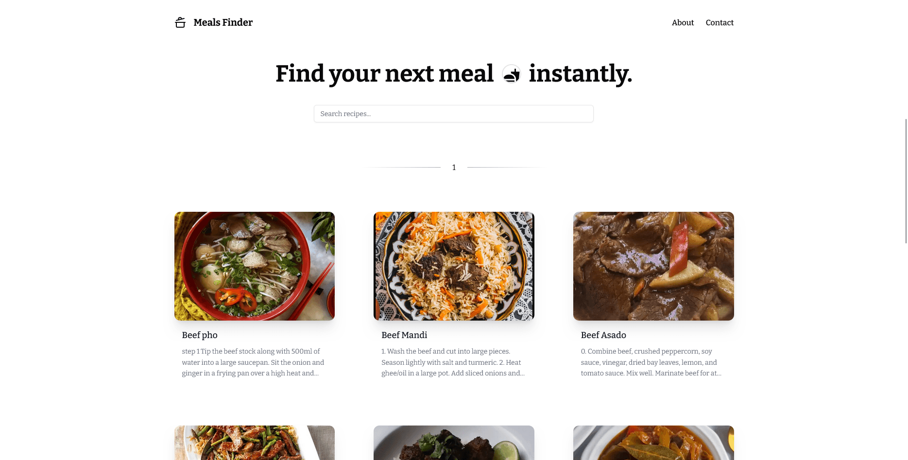 Aperçu de la page de recherche de Meals Finder avec un champ de recherche et une grille de recettes.