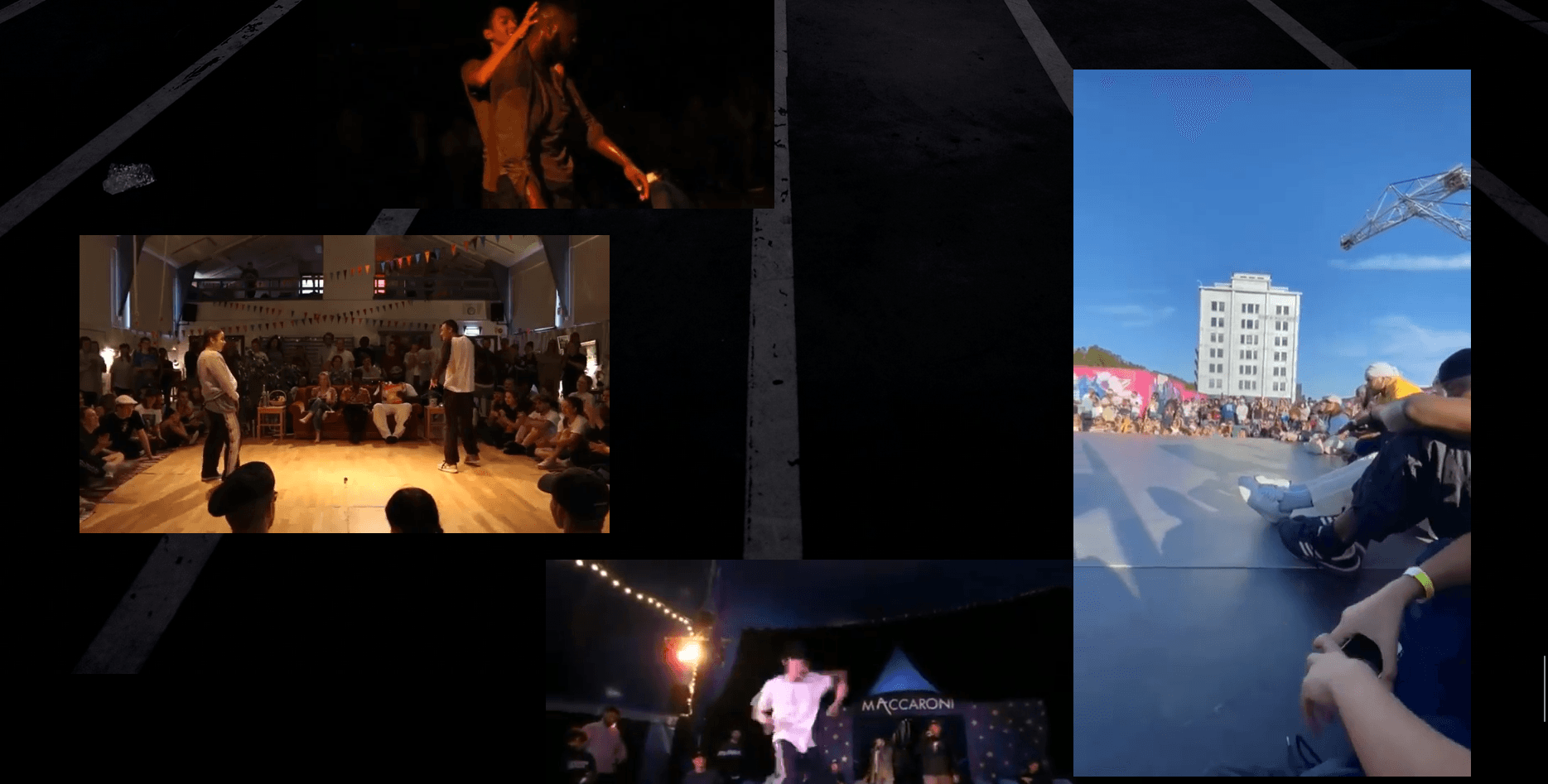 "Mosaïque de scènes de danse comprenant des battles en intérieur et en extérieur, avec des danseurs entourés du public dans différents contextes."