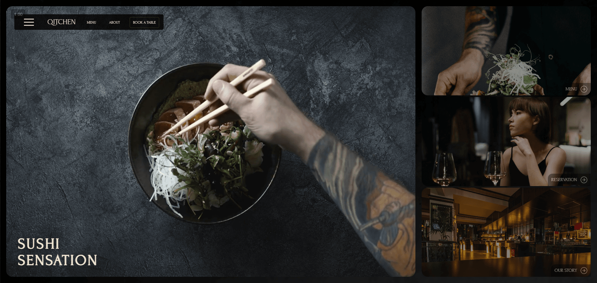 Plat japonais vu de dessus, photographié au centre d’une table avec un bras tenant des baguettes.