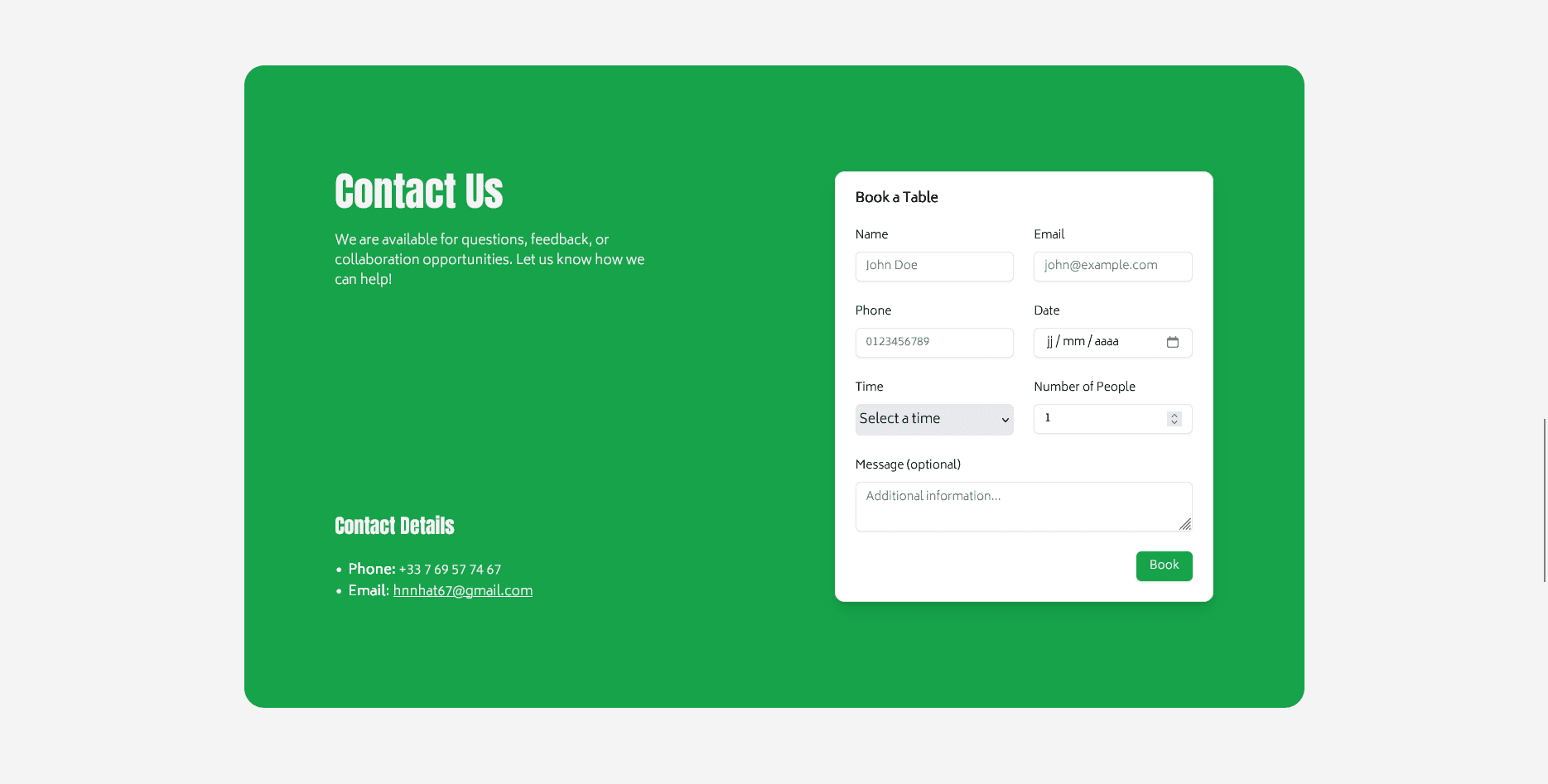 Section de contact du site Pedro Pasta avec un formulaire de réservation permettant de sélectionner une date, une heure et le nombre de personnes.