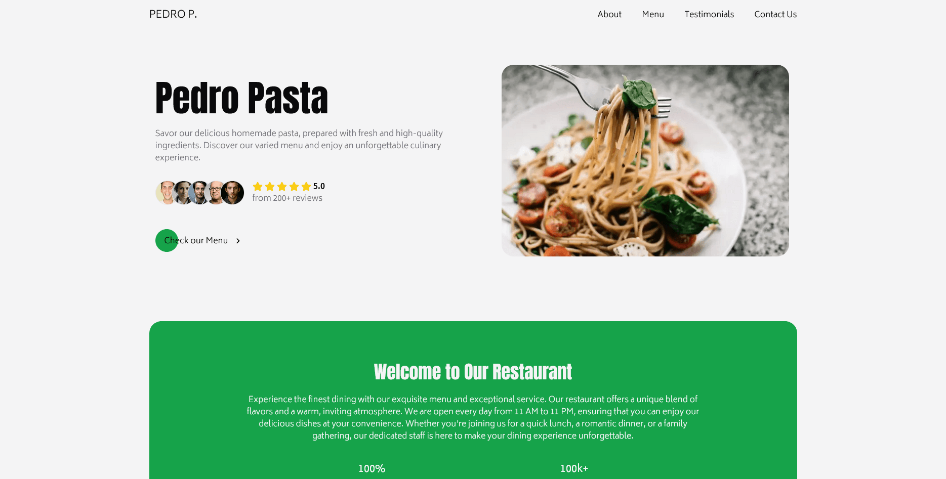 Page d’accueil du site Pedro Pasta présentant le restaurant italien, son menu et une image de plat de pâtes.