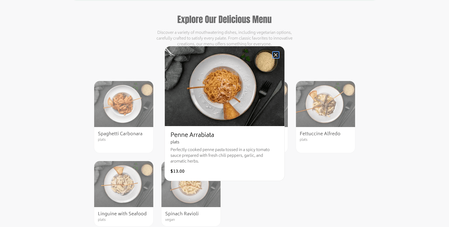 Interaction sur la section menu du site Pedro Pasta mettant en avant le détail d’un plat italien avec image, description et prix.