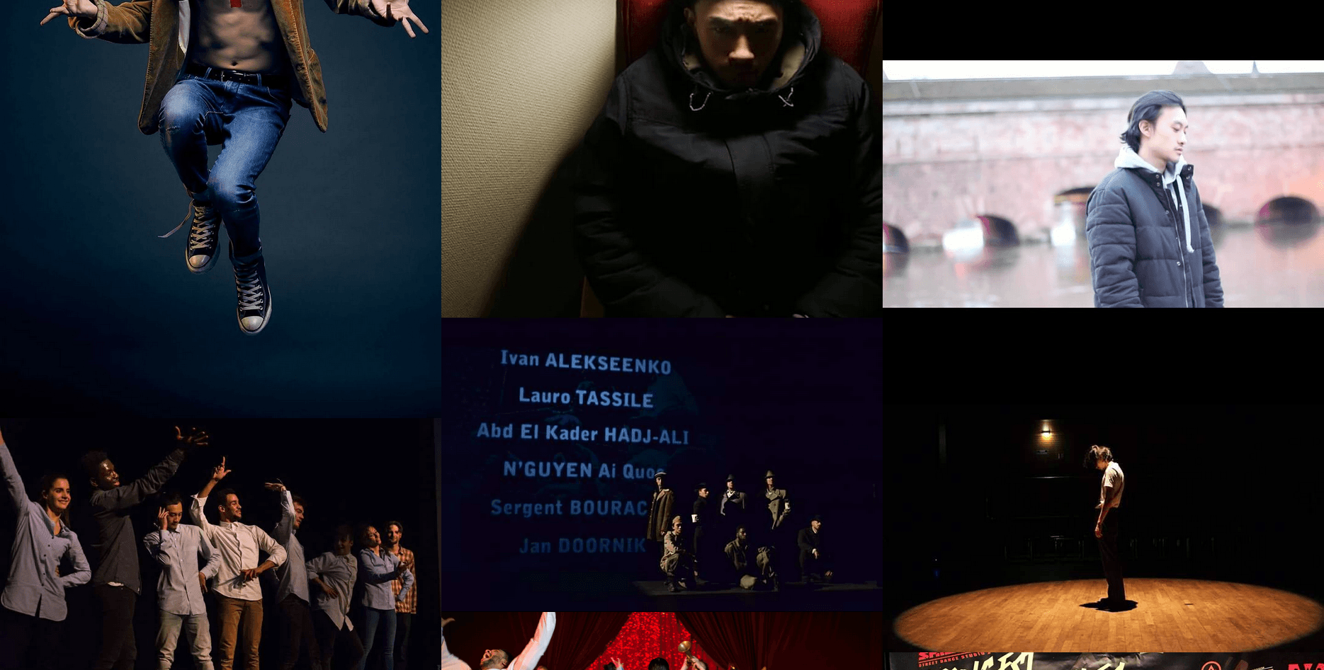 "Mosaïque de photos présentant différentes scènes de danse : saut en studio, portrait intérieur, scène en extérieur, chorégraphies de groupe et performance en solo sous projecteur."