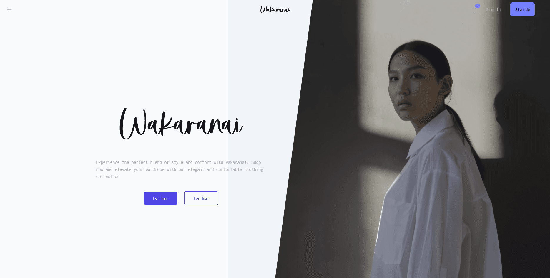 Page d’accueil de Wakaranai, site e-commerce de mode minimaliste avec sélection femme et homme