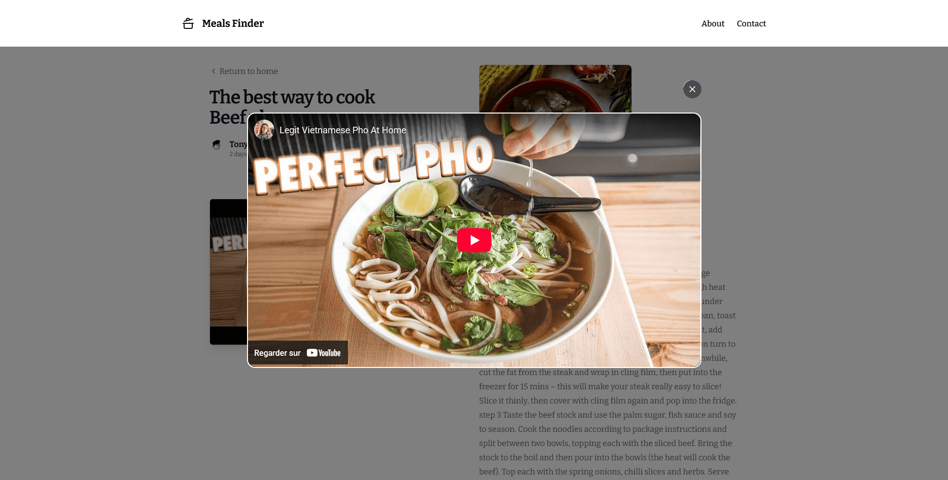 Modal vidéo YouTube affichée sur une recette, montrant un tutoriel de cuisine.