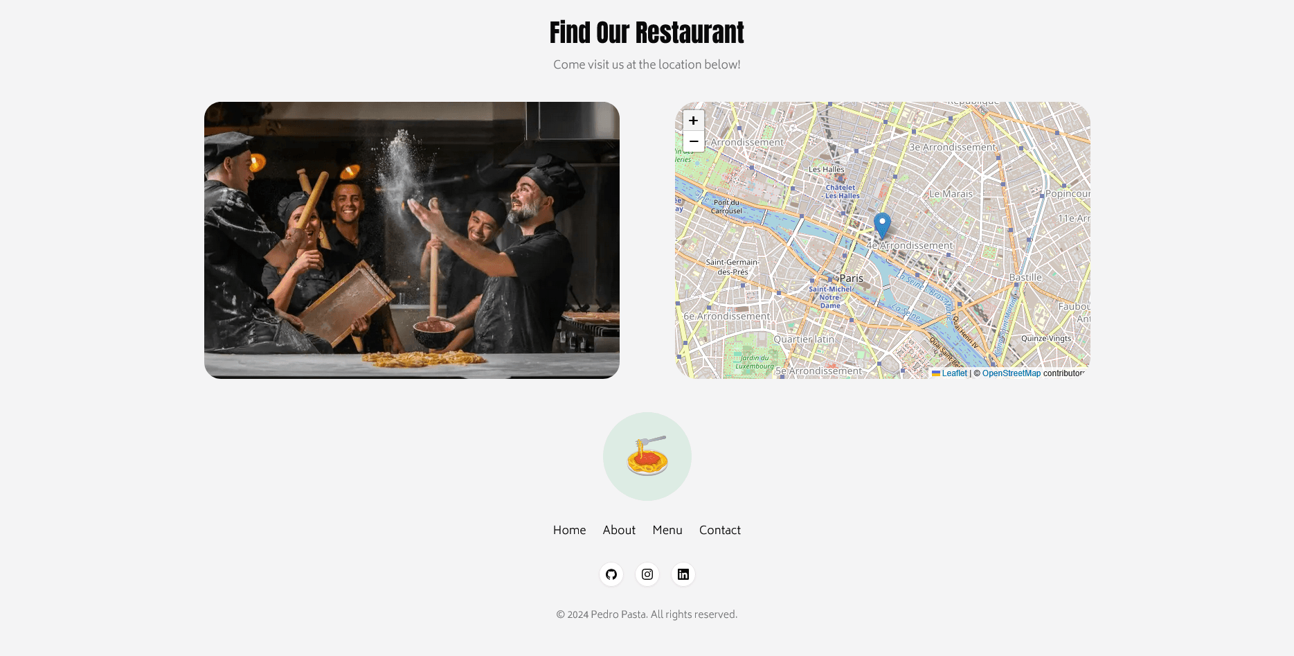 Section « Trouver le restaurant » du site Pedro Pasta avec une carte interactive Leaflet affichant l’emplacement du restaurant.