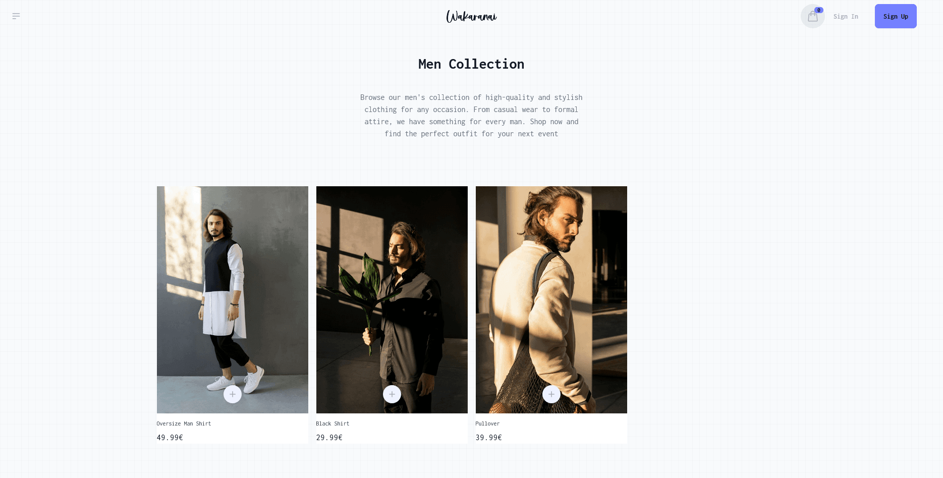 Page de collection homme Wakaranai présentant une sélection de vêtements minimalistes avec visuels produits et prix