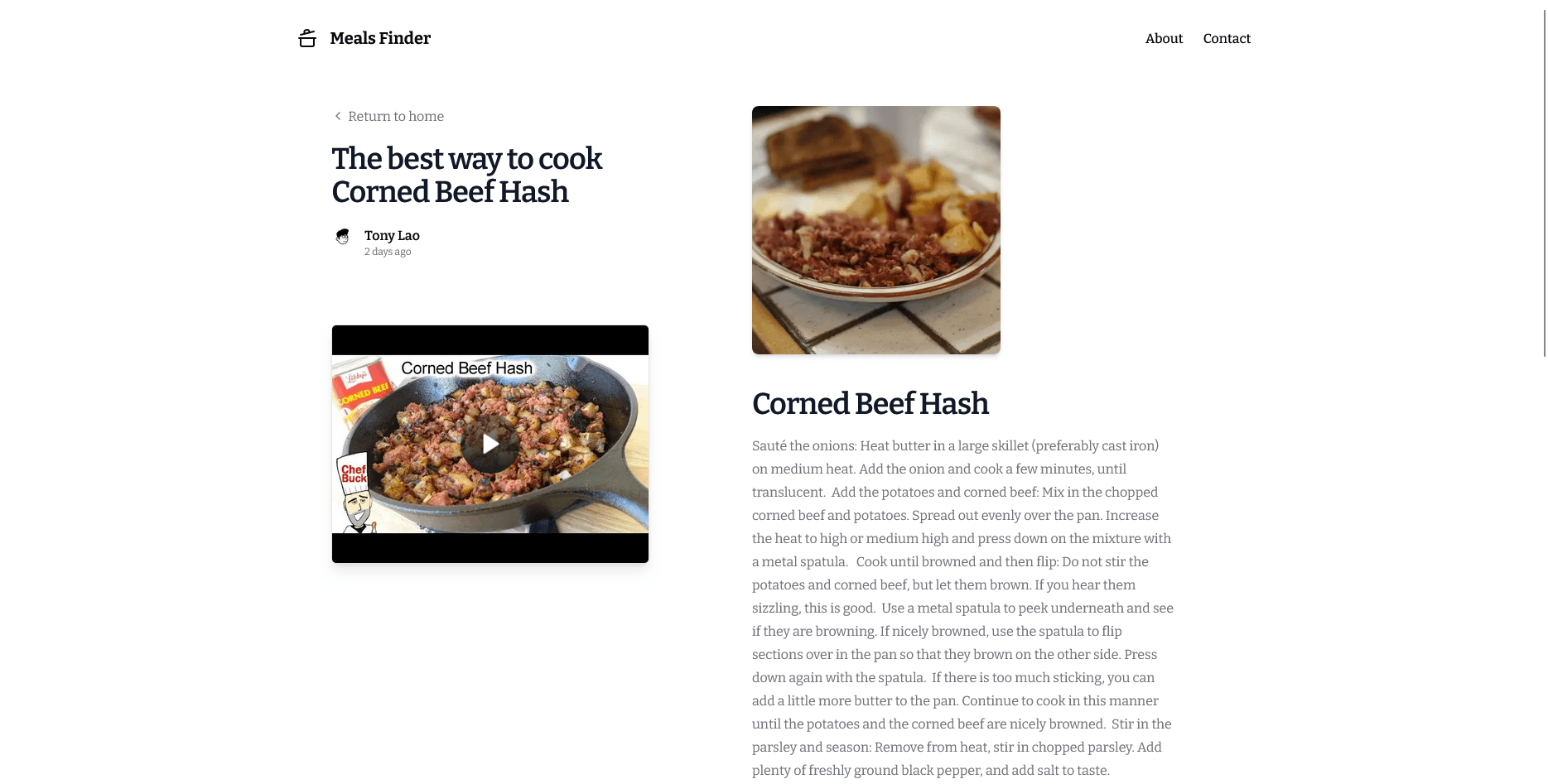 Page de détail de la recette Corned Beef Hash avec image du plat, vidéo tutorielle et description complète.