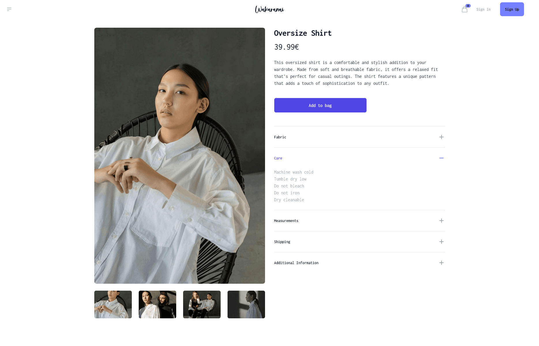 Page produit Wakaranai présentant une chemise oversize avec images, prix, description et options de sélection