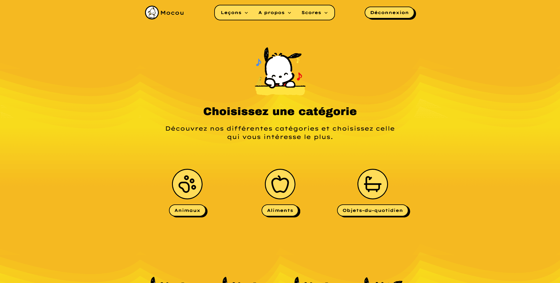 Écran permettant de choisir une catégorie d’apprentissage : animaux, aliments ou objets du quotidien