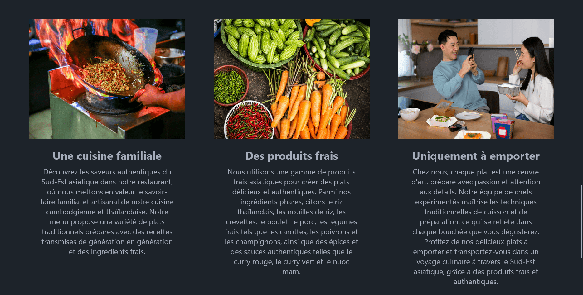 "Trois images représentant des services d’un traiteur : préparation d’un plat, produits frais et repas servi à table, accompagnées de descriptions textuelles."
