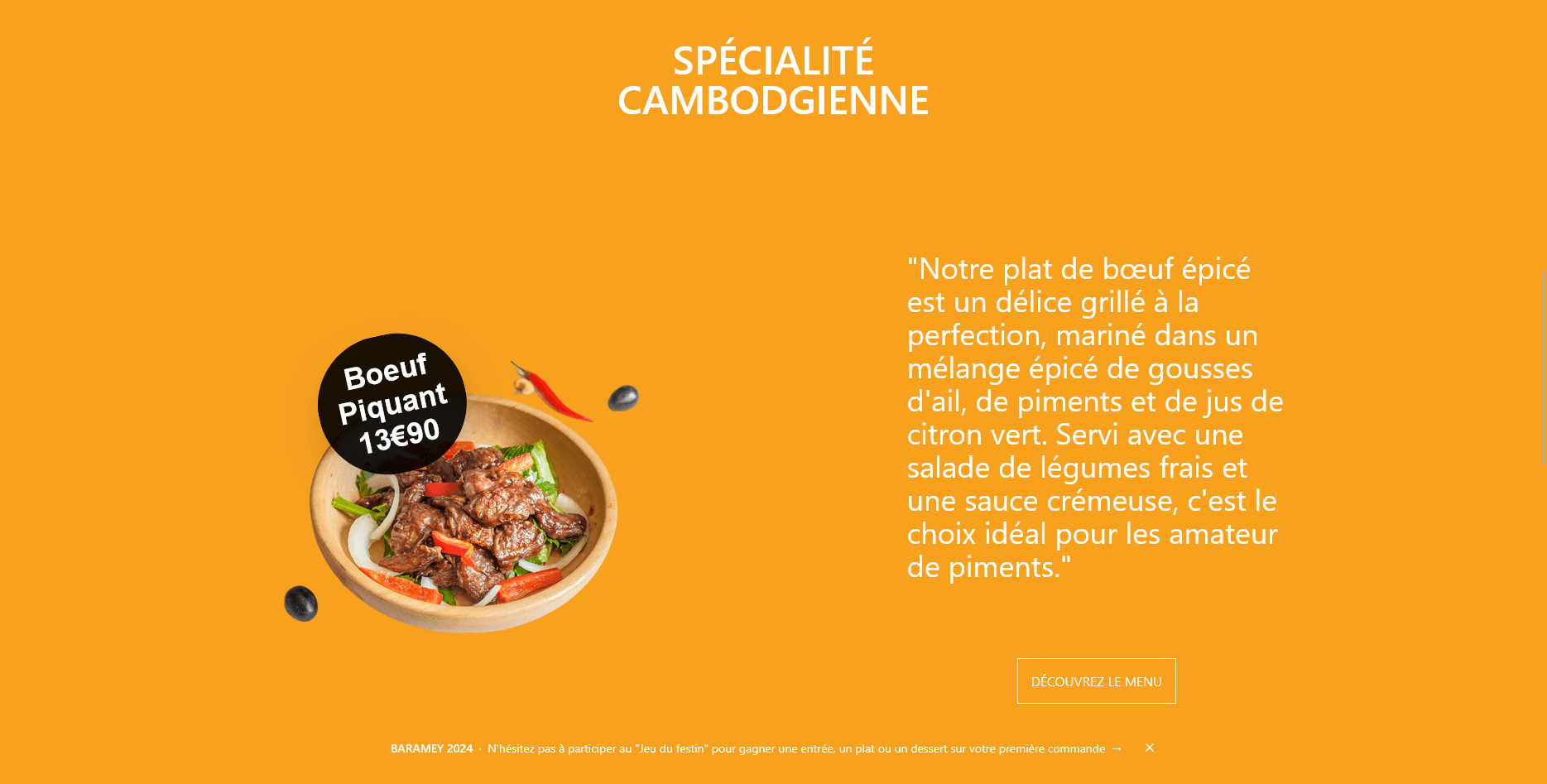 "Section d’accueil d’un site de traiteur avec un fond montrant du riz et un texte présentant des plats cambodgiens et thaï."