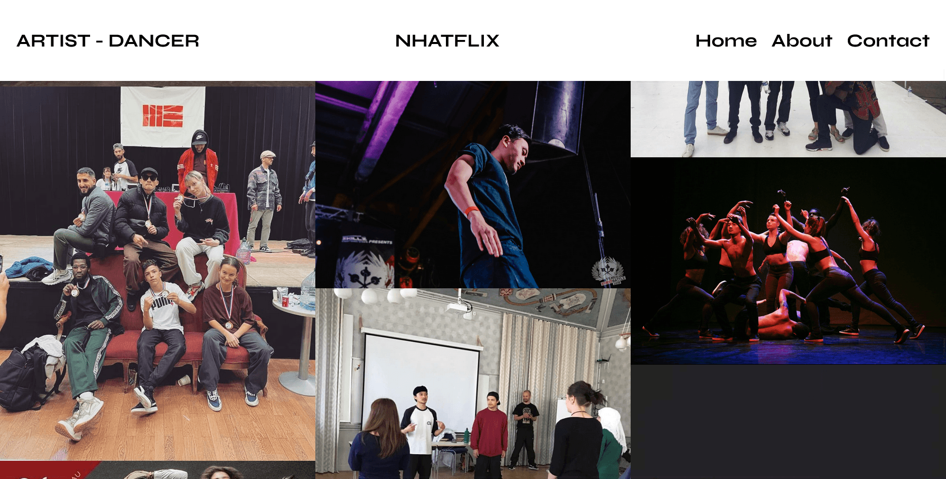 "Mosaïque de photos montrant différentes scènes liées à la danse : groupe en compétition, performance sur scène, répétitions et chorégraphies."