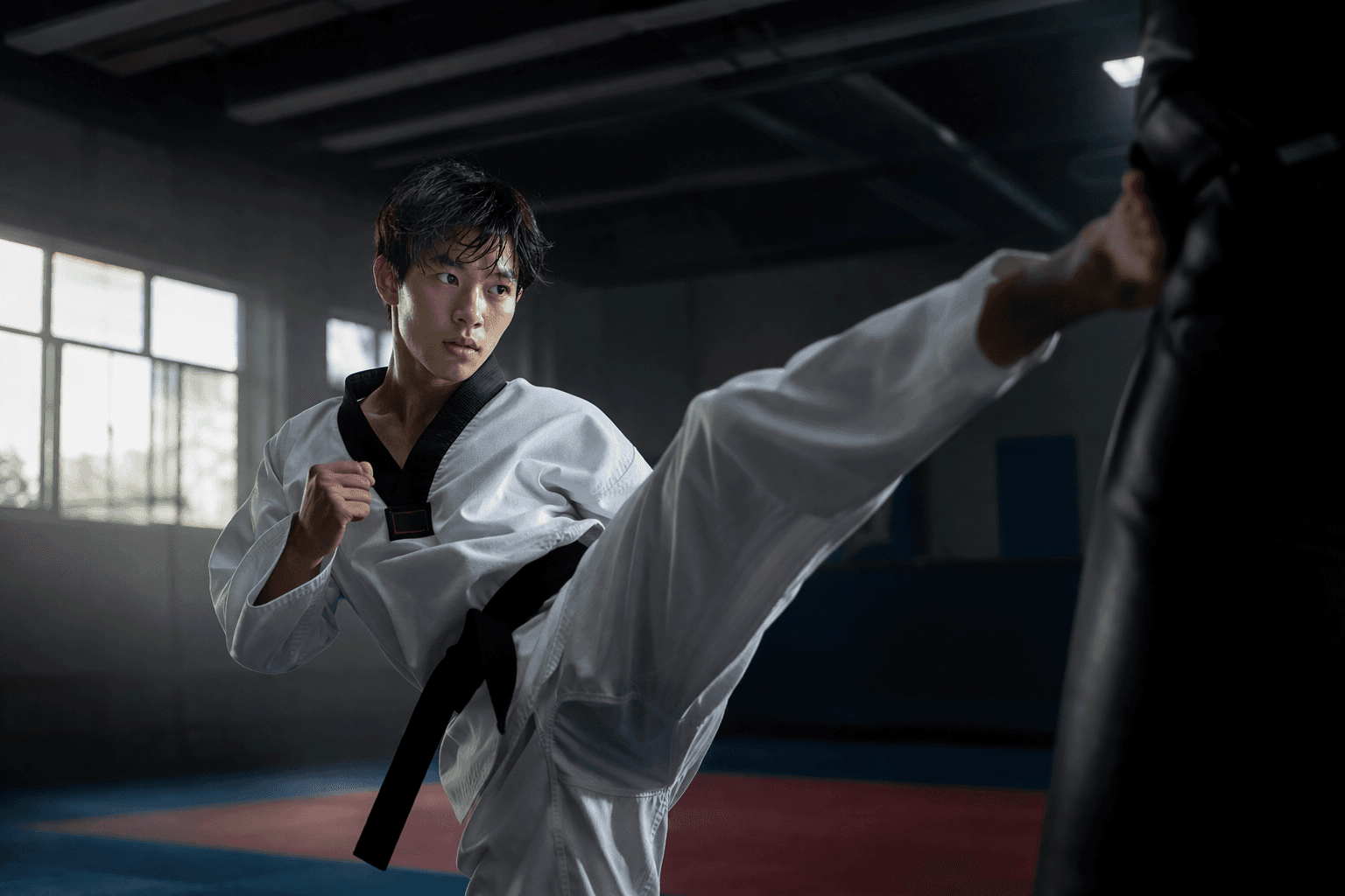 Athlète de taekwondo exécutant un coup de pied en dojang