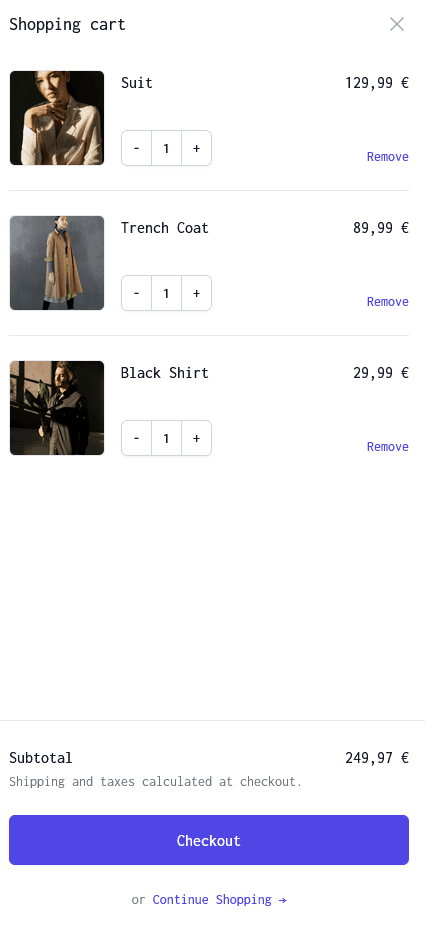Panier d’achat Wakaranai affichant les produits sélectionnés, les quantités, le sous-total et l’action de paiement