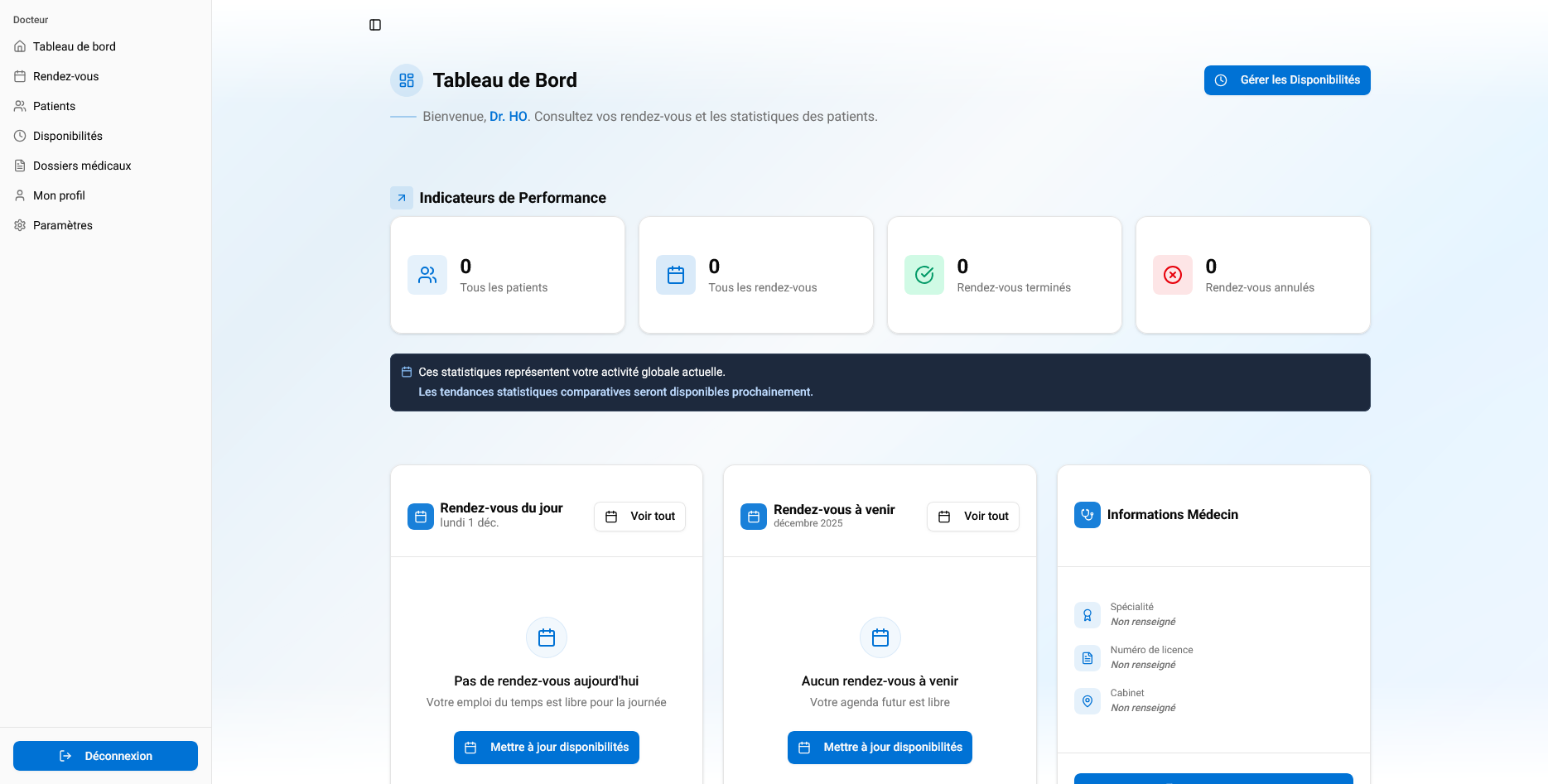Interface du tableau de bord Doc-Board montrant les rendez-vous du médecin, les statistiques, les actions rapides et les informations professionnelles.